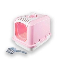 Plastik Şeffaf Kapılı Kedi Tuvaleti - Pembe/Beyaz