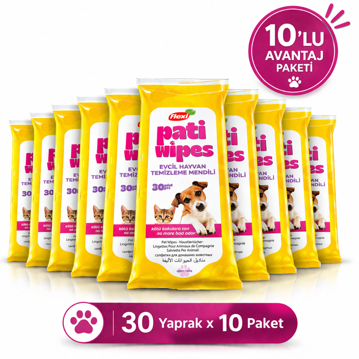 Flexi Pati Wipes Kedi Köpek Temizleme Mendili 30 Yaprak x 10 Paket Evcil Hayvan Islak Mendil