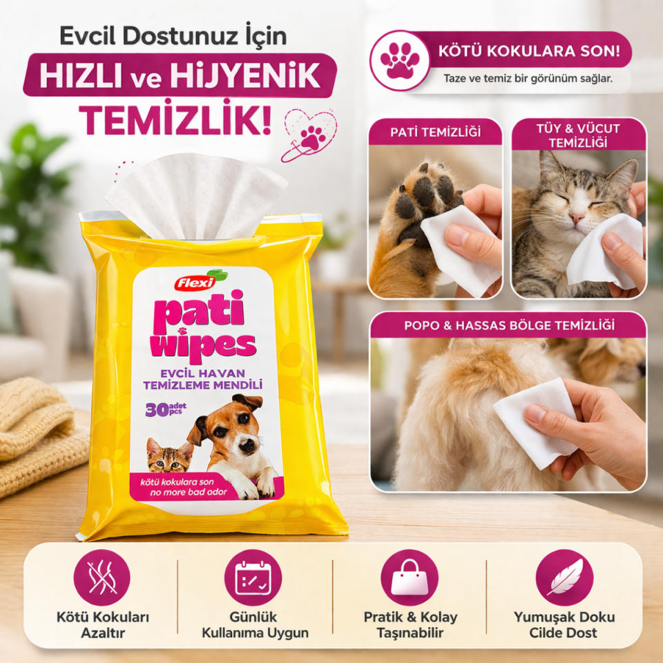 Flexi Pati Wipes Kedi Köpek Temizleme Mendili 30 Yaprak x 10 Paket Evcil Hayvan Islak Mendil