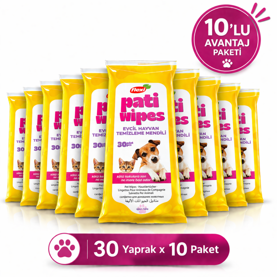 Flexi Pati Wipes Kedi Köpek Temizleme Mendili 30 Yaprak x 10 Paket Evcil Hayvan Islak Mendil