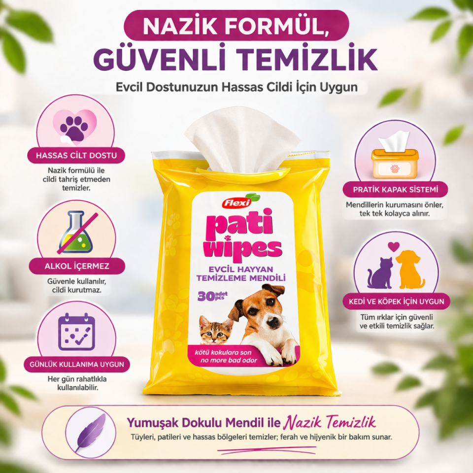 Flexi Pati Wipes Kedi Köpek Temizleme Mendili 6 Al 5 Öde 30 Yaprak x 6 Paket