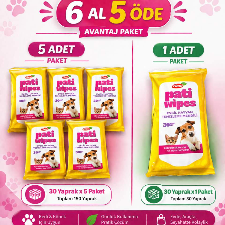 Flexi Pati Wipes Kedi Köpek Temizleme Mendili 6 Al 5 Öde 30 Yaprak x 6 Paket