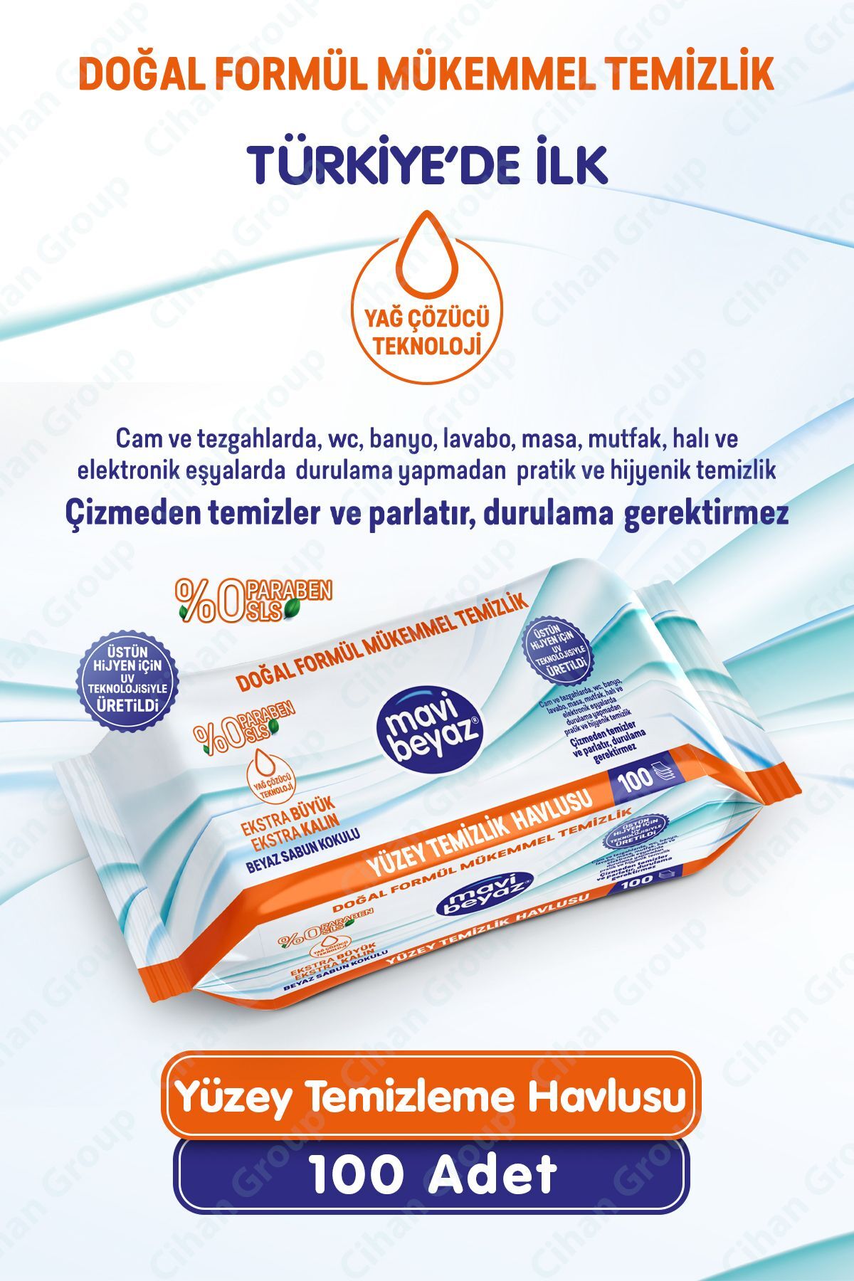 Mavi Beyaz Beyaz Sabun Kokulu Yüzey Temizleme Havlusu 100 Yaprak