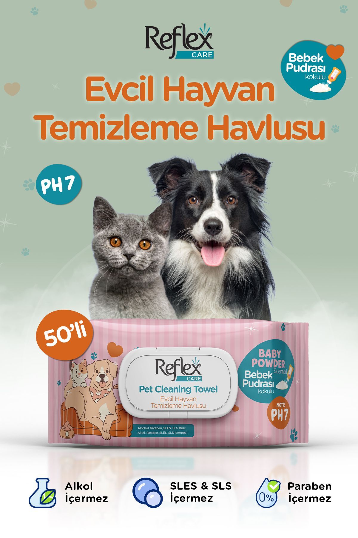 Reflex Care Evcil Hayvanlar için Çok Amaçlı Temizleme Havlusu 50'li