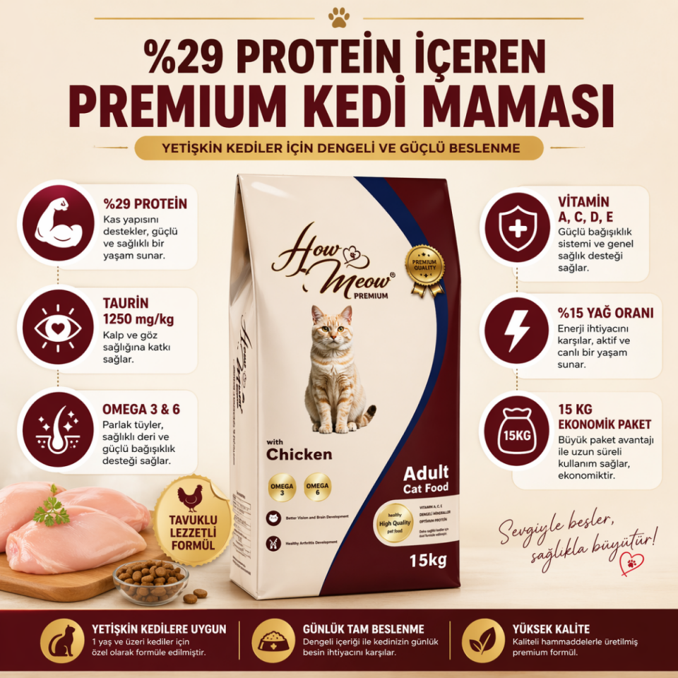 How Meow Premium Tavuklu Yetişkin Kedi Maması 15 Kg