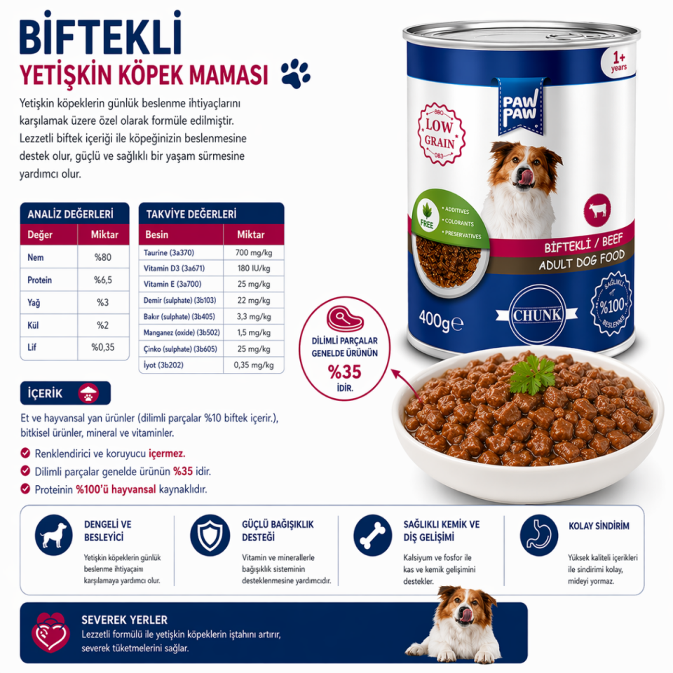 Biftekli Yetişkin Köpek Konservesi 400 gr | 24 Al 20 Öde