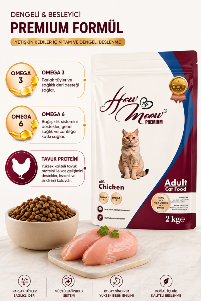 Premium Tavuklu Yetişkin Kedi Maması 2 Kg Omega 3 & 6 Destekli