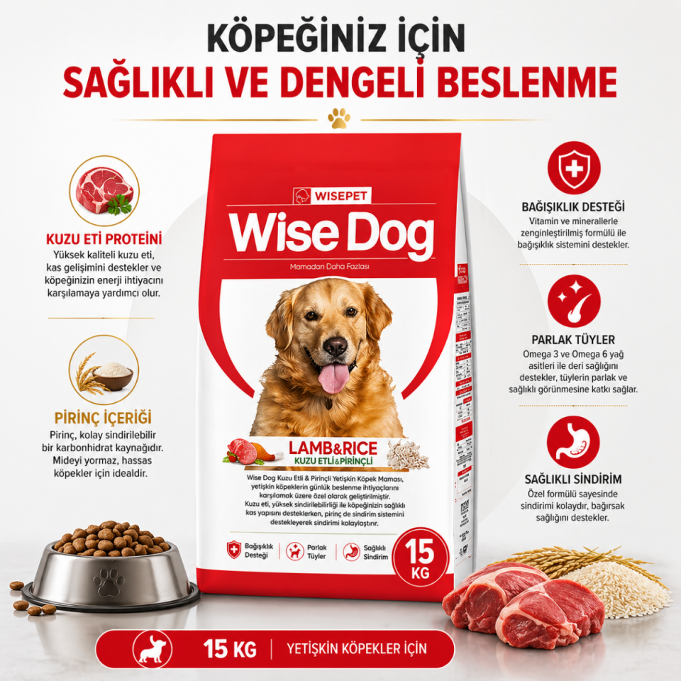 Kuzu Etli ve Pirinçli Yetişkin Köpek Maması 15 kg