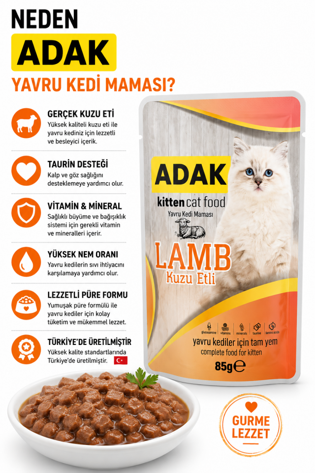 Kitten Yavru Kedi Yaş Mama Pouch Kuzu Etli 85 gr x 24 Adet (24 Al 20 Öde)