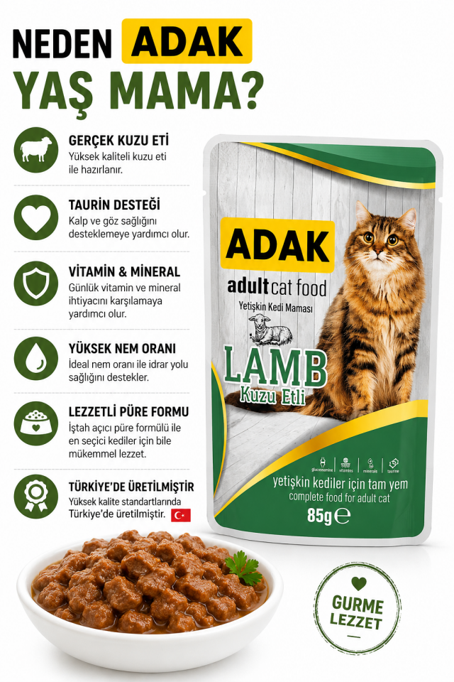 Adult Yetişkin Kedi Yaş Mama Pouch Kuzu Etli 85 gr x 24 Adet (24 Al 20 Öde)