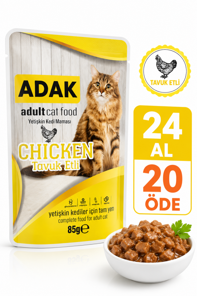 Adult Yetişkin Kedi Yaş Mama Pouch Tavuk Etli 85 gr x 24 Adet (24 Al 20 Öde)