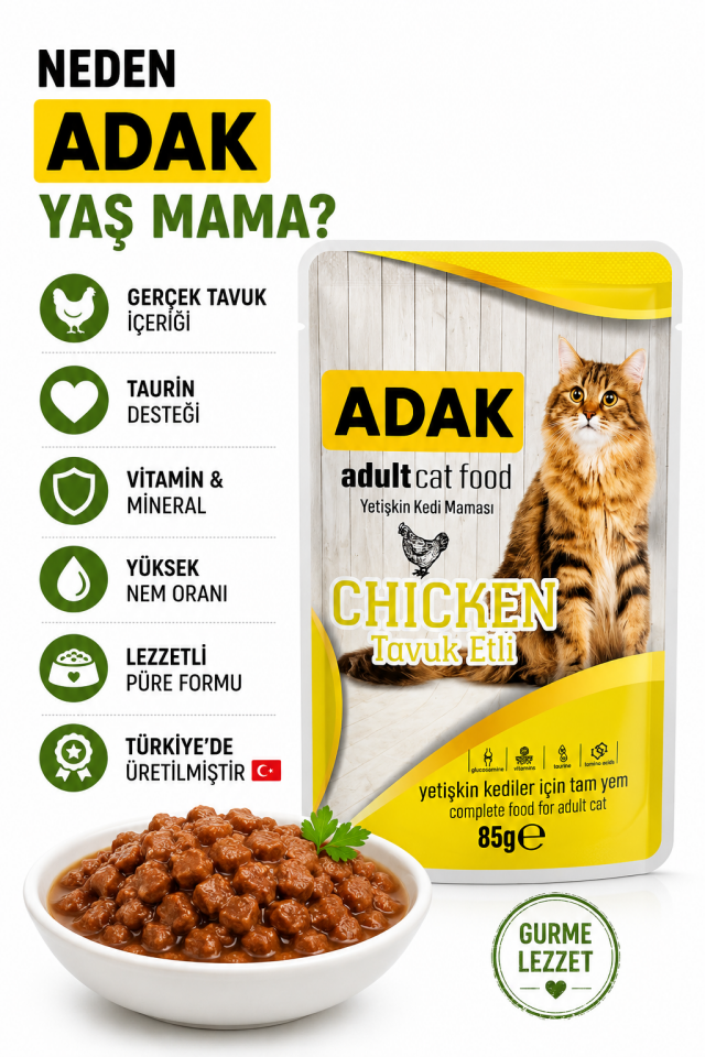Adult Yetişkin Kedi Yaş Mama Pouch Tavuk Etli 85 gr x 24 Adet (24 Al 20 Öde)