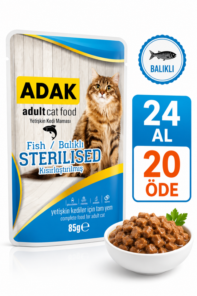 Sterilised Kısırlaştırılmış Yetişkin Kedi Yaş Mama Pouch Balıklı 85 gr x 24 Adet (24 Al 20 Öde)