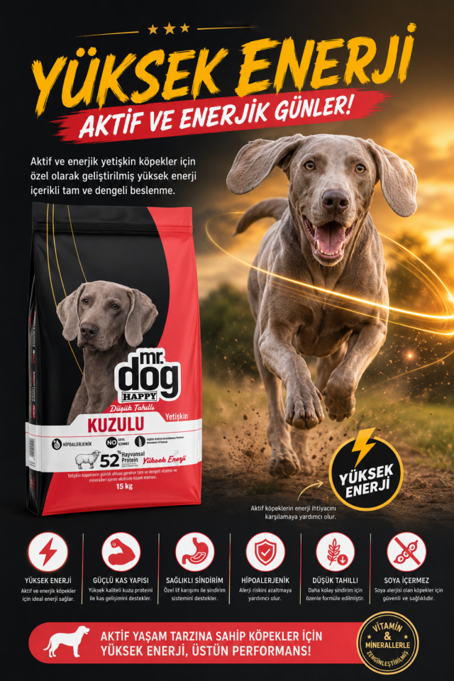 Kuzulu Yetişkin Köpek Maması Düşük Tahıllı Yüksek Enerji 15 Kg