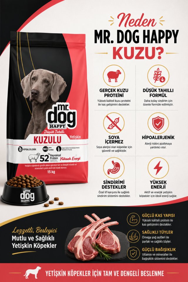 Kuzulu Yetişkin Köpek Maması Düşük Tahıllı Yüksek Enerji 15 Kg