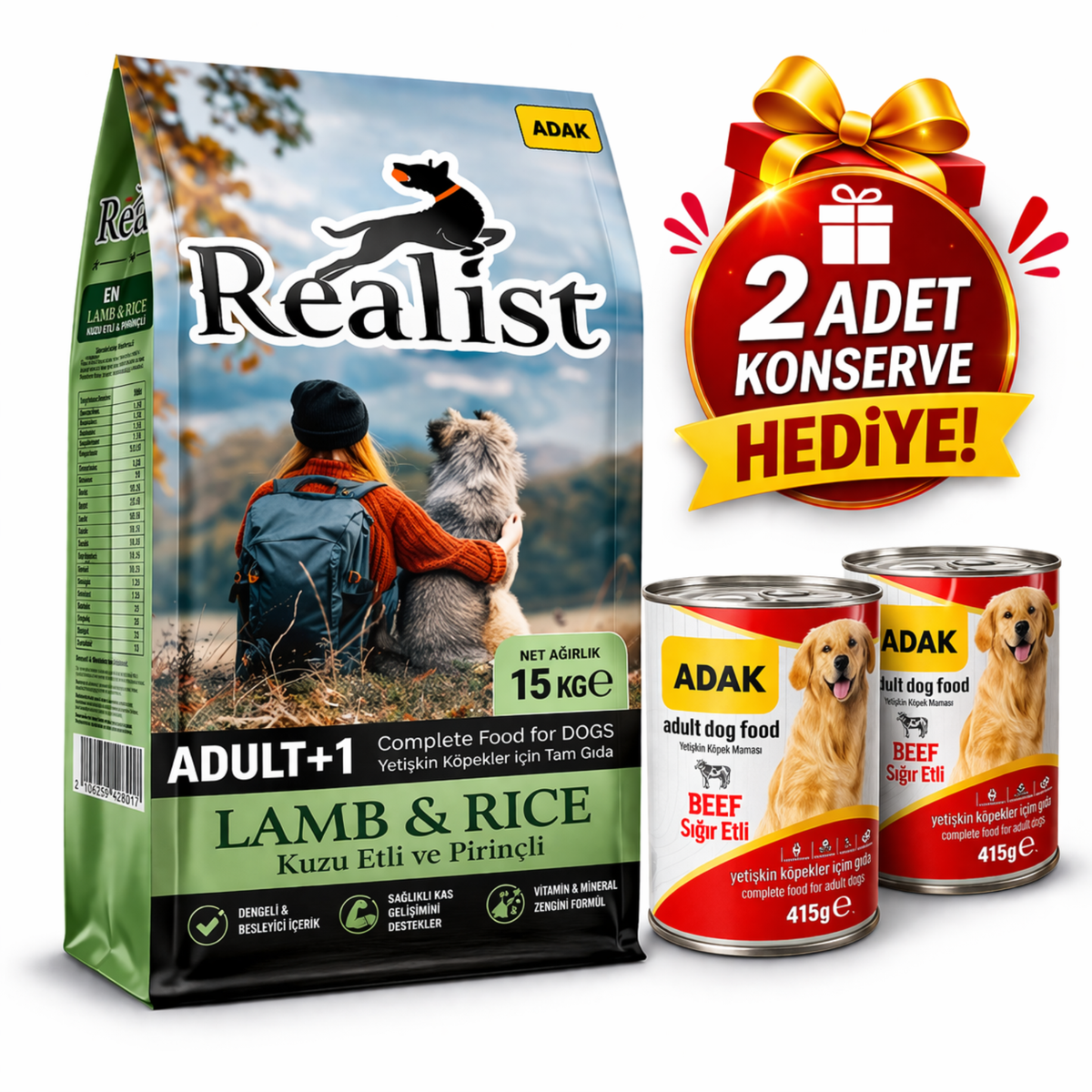Kuzu Etli Pirinçli Yetişkin Köpek Maması 15 KG + 2 Adet ADAK Sığır Etli Konserve Hediye