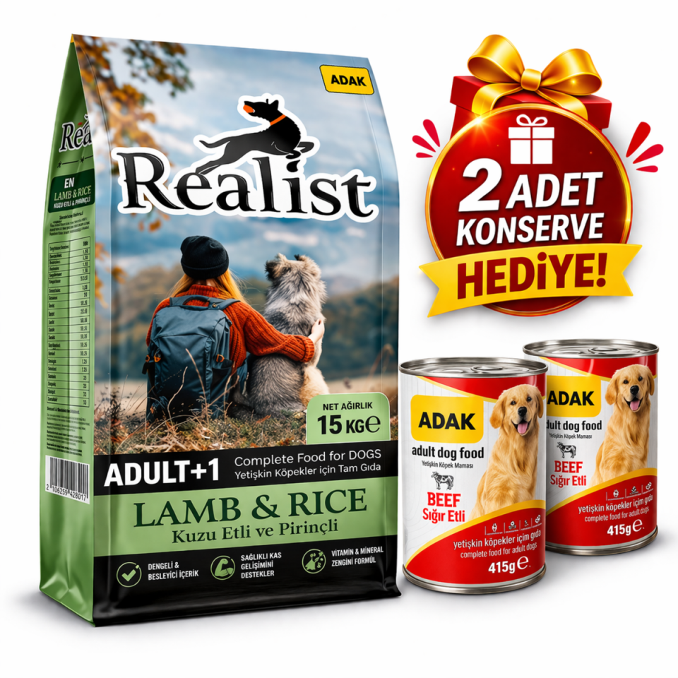 Kuzu Etli Pirinçli Yetişkin Köpek Maması 15 KG + 2 Adet ADAK Sığır Etli Konserve Hediye