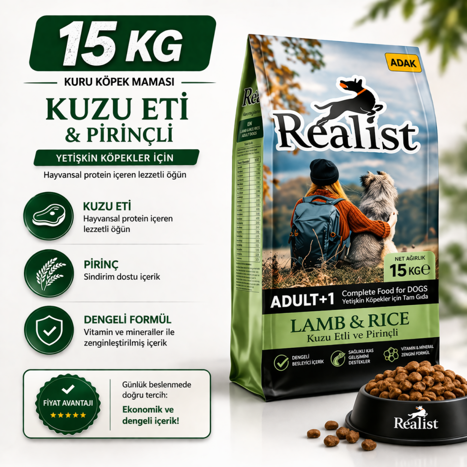 Kuzu Etli Pirinçli Yetişkin Köpek Maması 15 KG + 2 Adet ADAK Sığır Etli Konserve Hediye