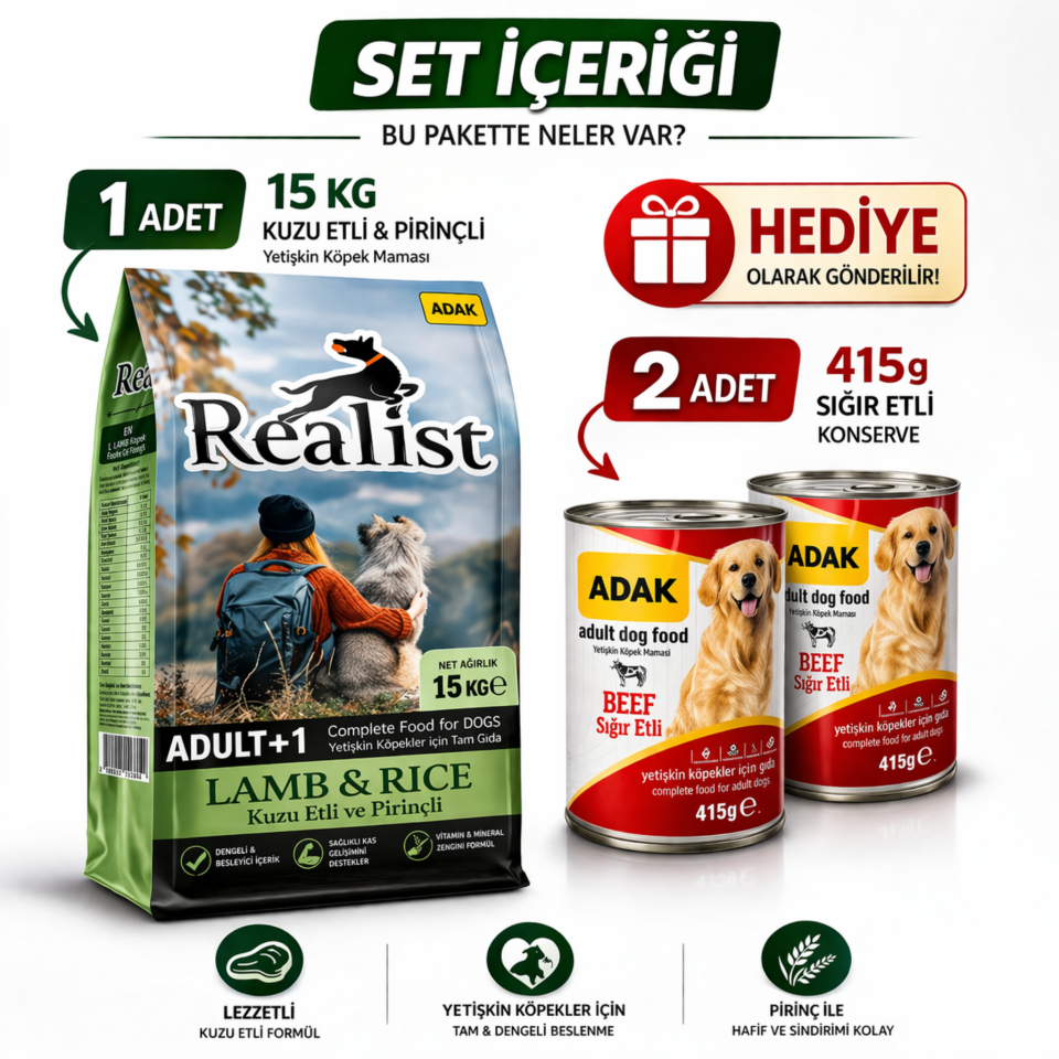 Kuzu Etli Pirinçli Yetişkin Köpek Maması 15 KG + 2 Adet ADAK Sığır Etli Konserve Hediye