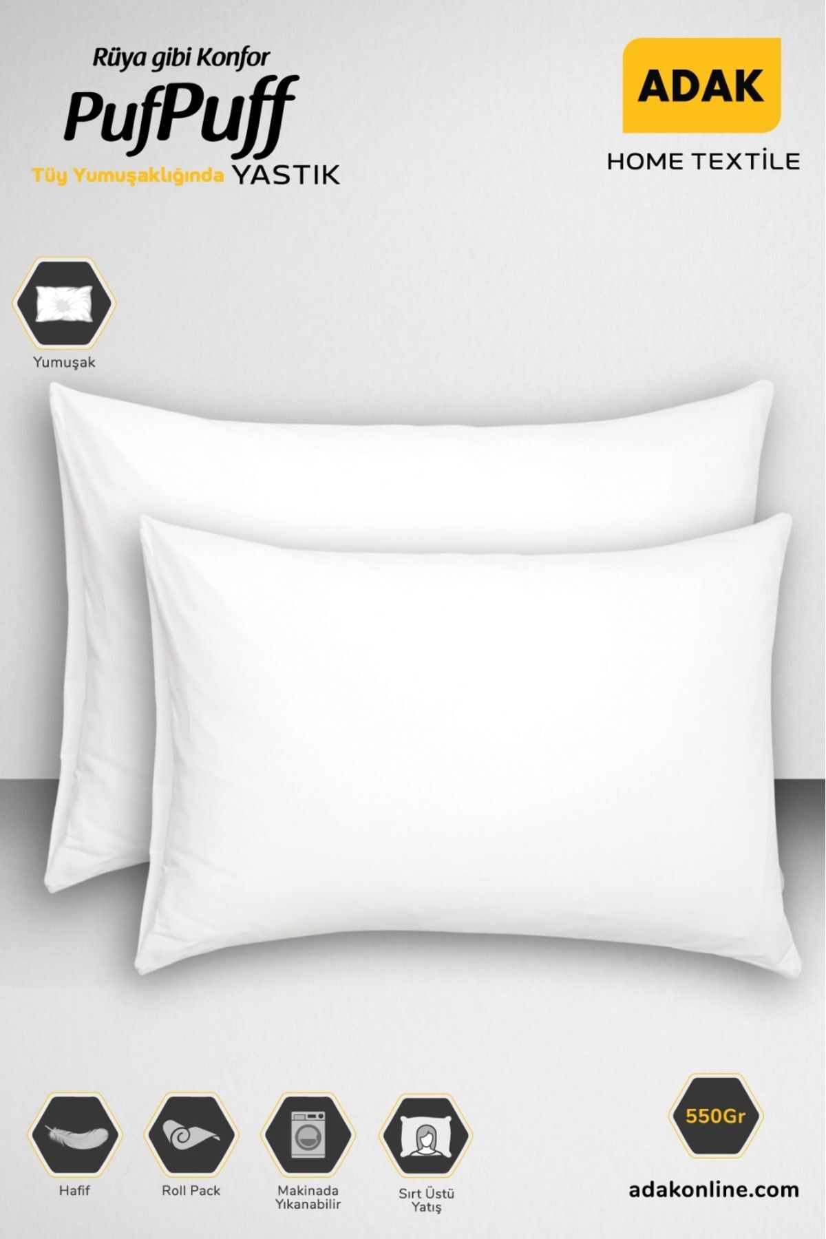 Puf Puff 2li Roll Pack Elyaf Yastık Seti 50x70 Cm 550 gram X 2