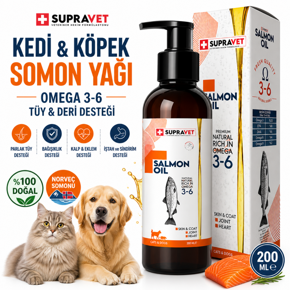 Kedi Köpek Somon Yağı 200 ML – Doğal Norveç Somon Yağı, Omega 3, Tüy ve Deri Sağlığı