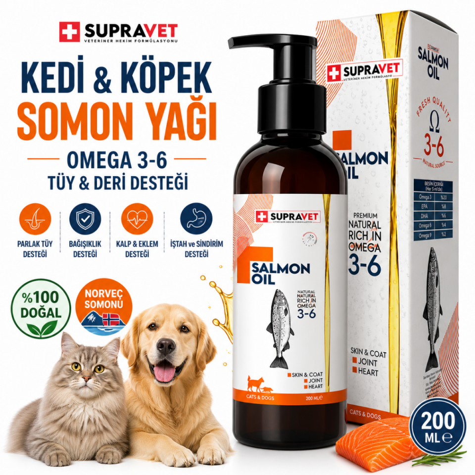 Kedi Köpek Somon Yağı 200 ML – Doğal Norveç Somon Yağı, Omega 3, Tüy ve Deri Sağlığı
