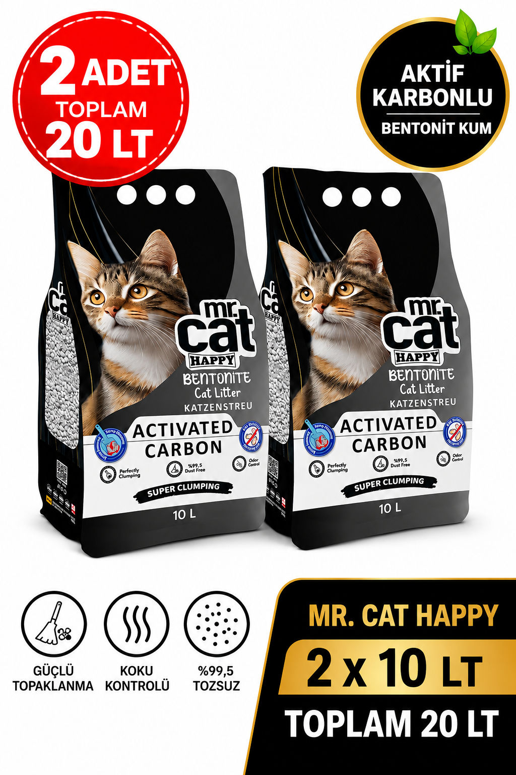 Aktif Karbonlu Bentonit Kedi Kumu Güçlü Topaklanan Koku Kontrolü %99,5 Tozsuz 2 x 10 Lt 20 Lt