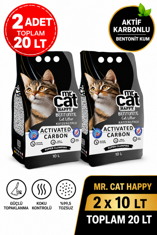 Aktif Karbonlu Bentonit Kedi Kumu Güçlü Topaklanan Koku Kontrolü %99,5 Tozsuz 2 x 10 Lt 20 Lt