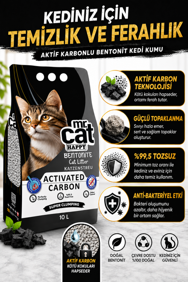 Aktif Karbonlu Bentonit Kedi Kumu Güçlü Topaklanan Koku Kontrolü %99,5 Tozsuz 2 x 10 Lt 20 Lt