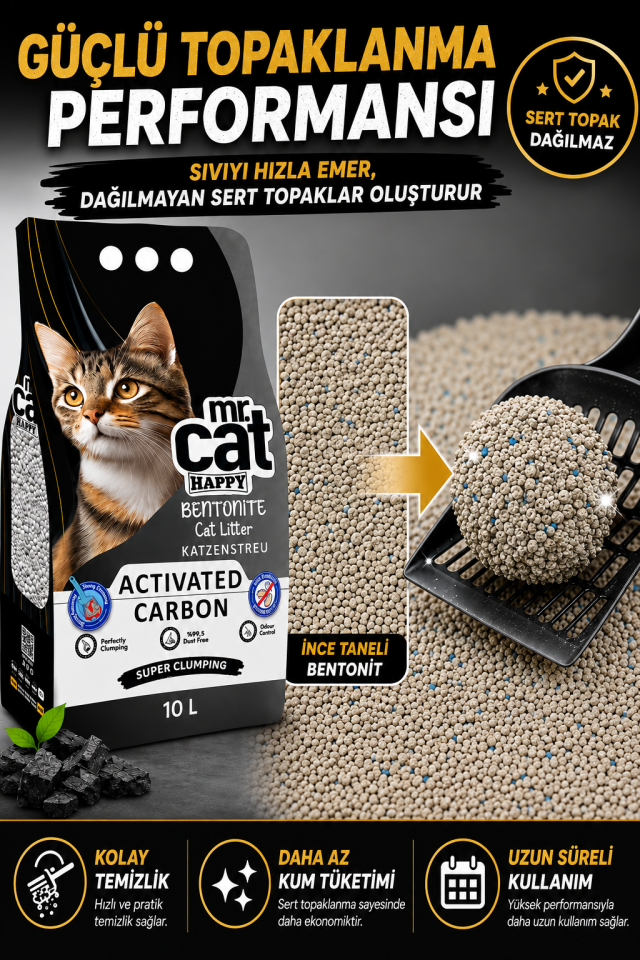 Aktif Karbonlu Bentonit Kedi Kumu Güçlü Topaklanan Koku Kontrolü %99,5 Tozsuz 2 x 10 Lt 20 Lt