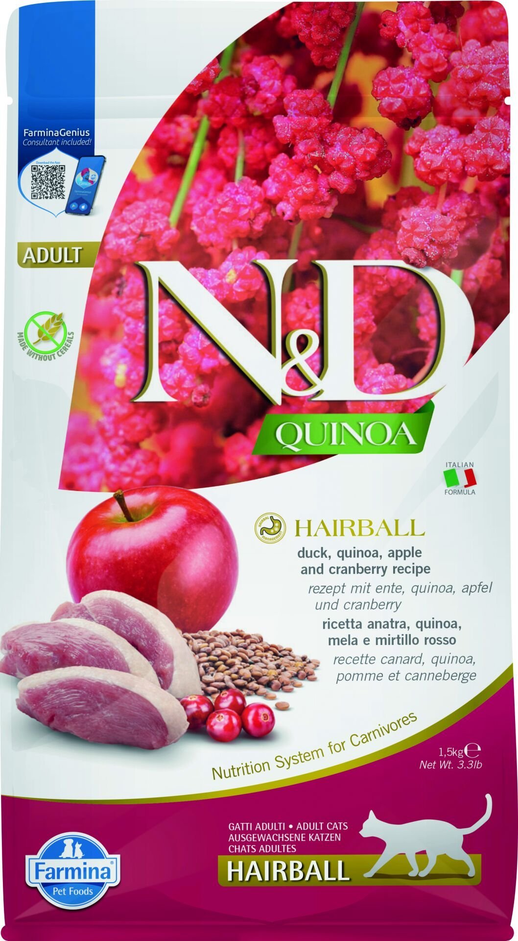 ND Quinoa Hairball Ördek Etli Kinoa ve Elmalı Yetişkin Kedi Maması 1,5 Kg