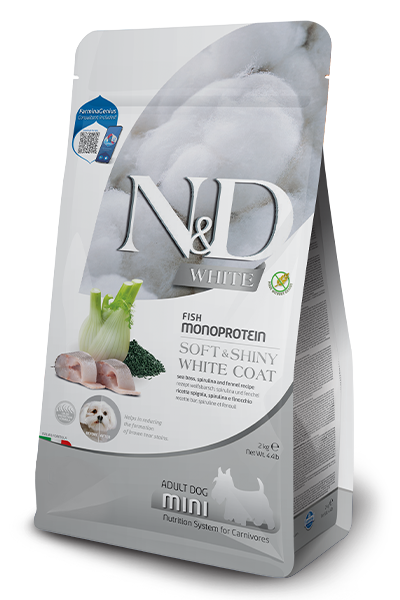ND White Coat Levrek ve Spirulina Beyaz Tüylü Mini Irk Tahılsız Köpek Maması 2 Kg