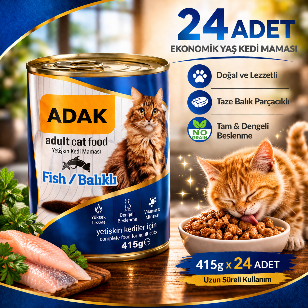 ADAK Balıklı Konserve Kedi Maması 415g x 24 Adet Yaş Kedi Maması