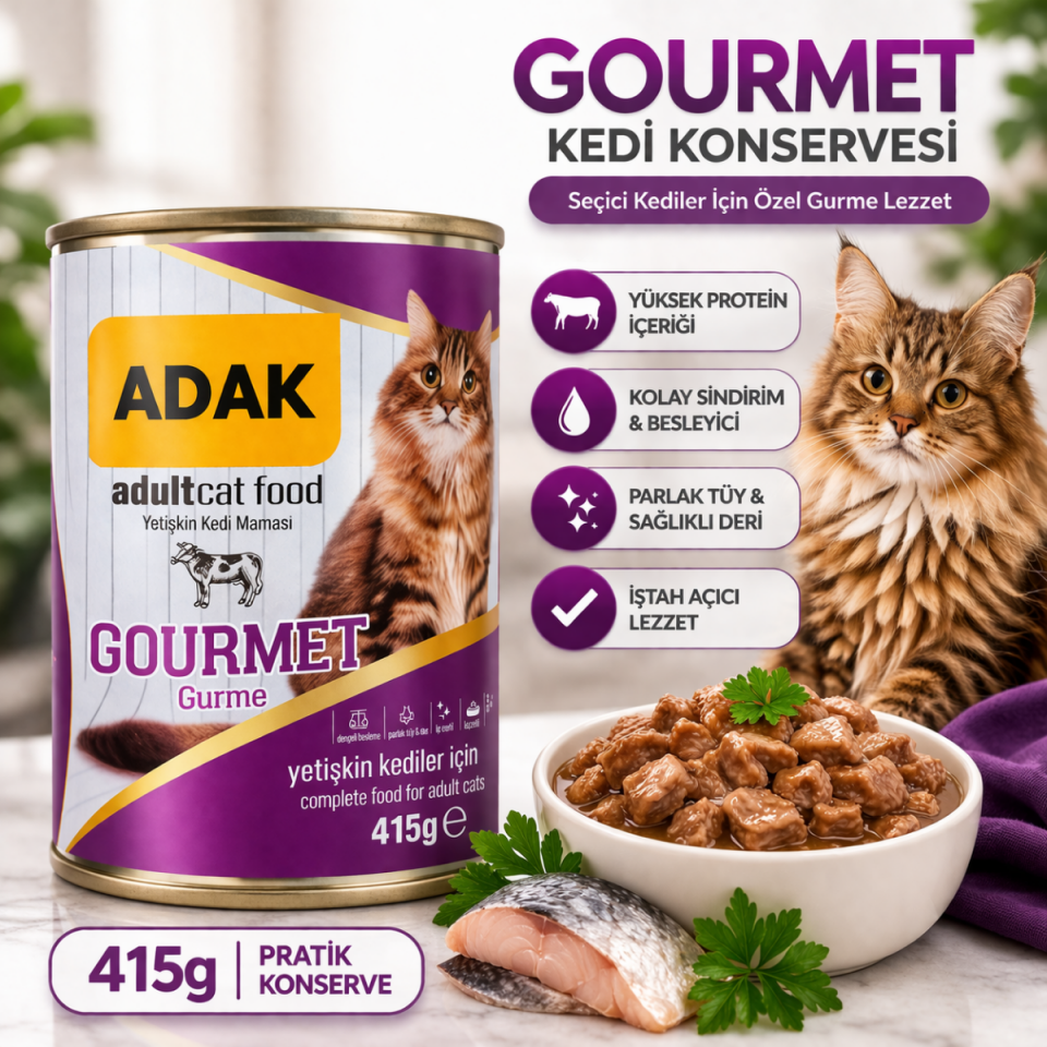 ADAK 24’lü Karışık Yaş Kedi Maması 415g – Tavuk, Kuzu, Balık ve Gurme Yetişkin Kedi Konservesi Ekonomik Paket