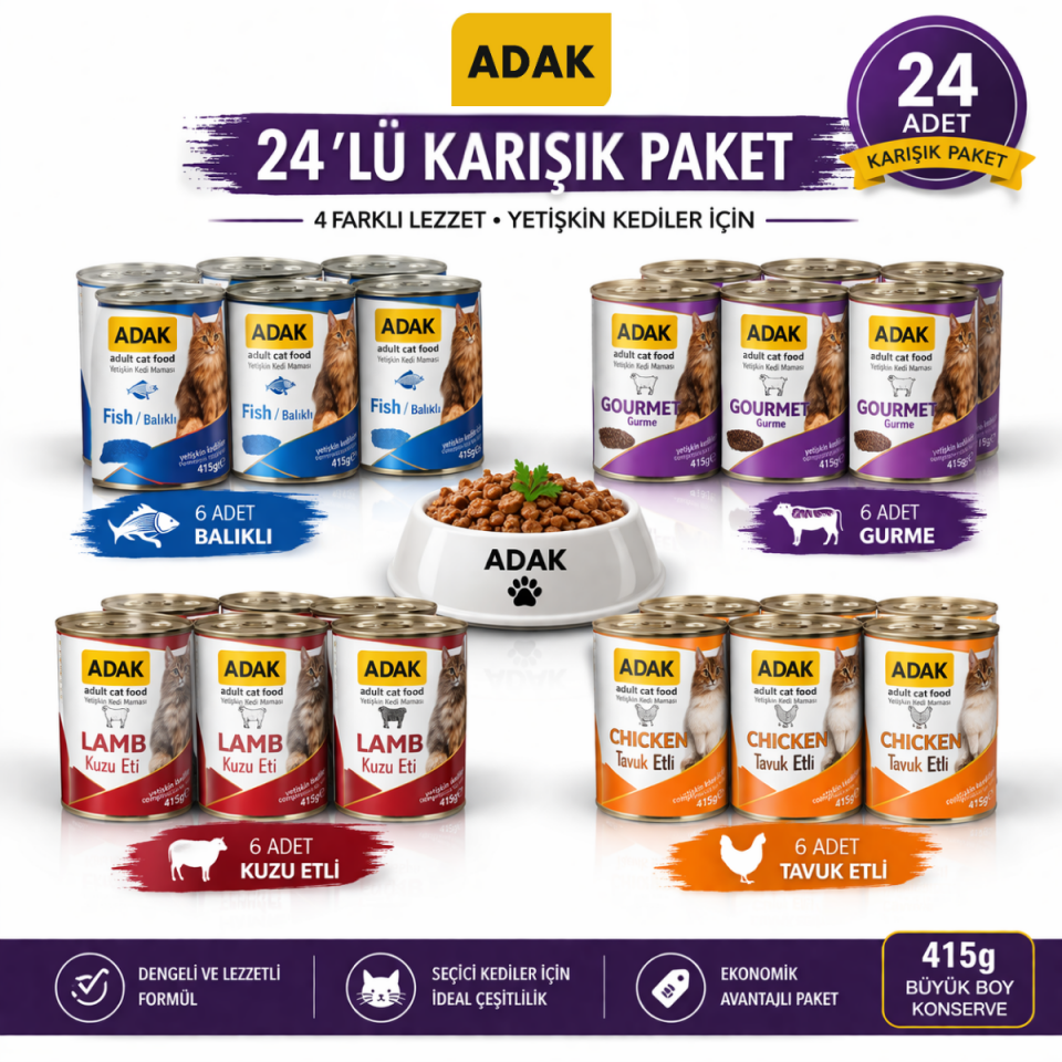 ADAK 24’lü Karışık Yaş Kedi Maması 415g – Tavuk, Kuzu, Balık ve Gurme Yetişkin Kedi Konservesi Ekonomik Paket